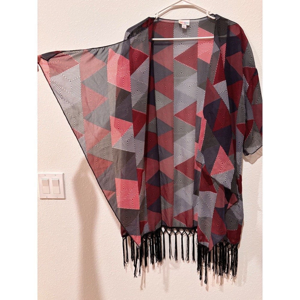 LuLaRoe Geometric Print Kimono Cardigan L Cover Up Fringe Bohemian Festival - Picture 3 of 12